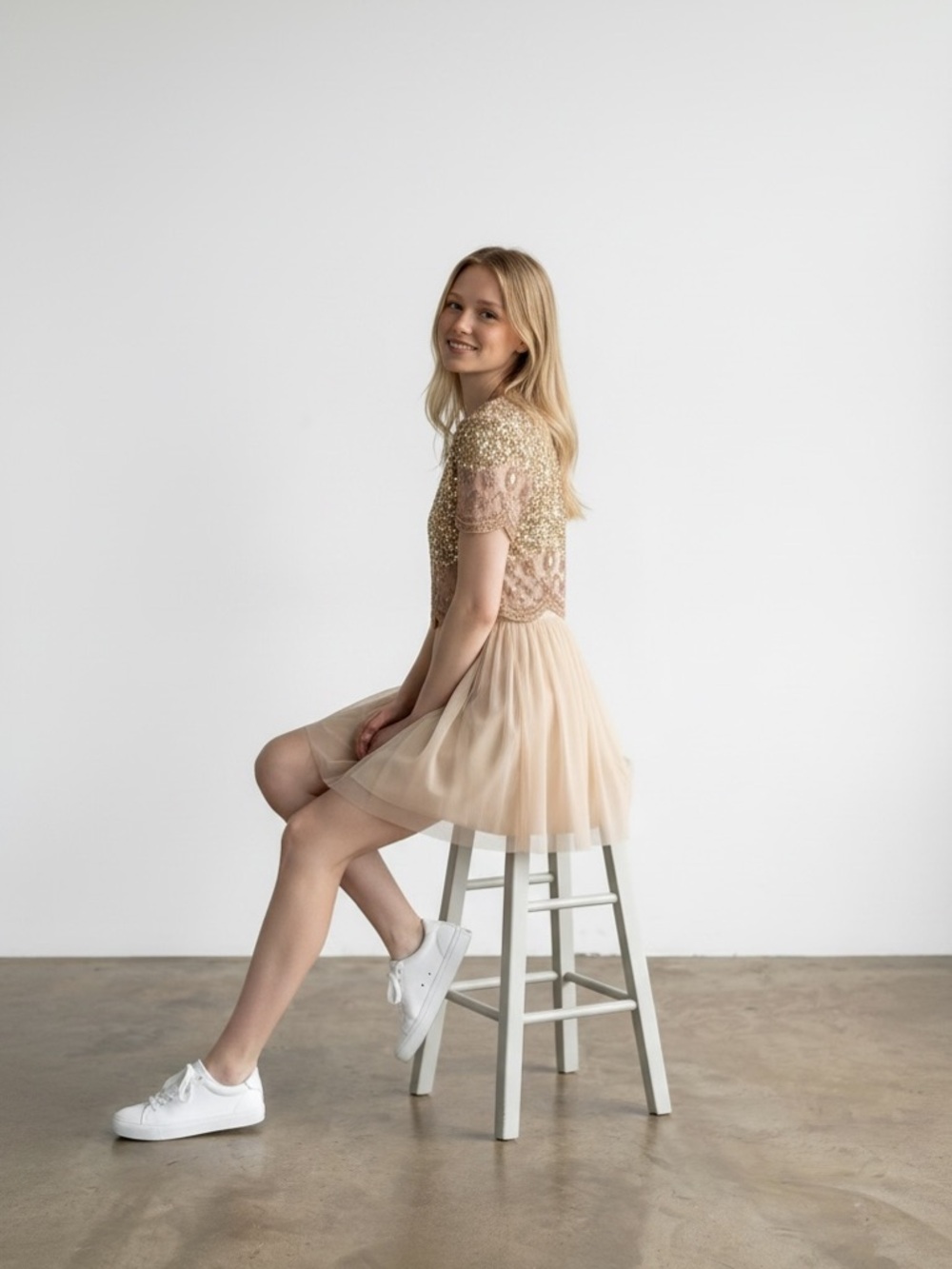 ASOS Blush Gold Embellished Tulle Mini Dress - Picture 2 of 9